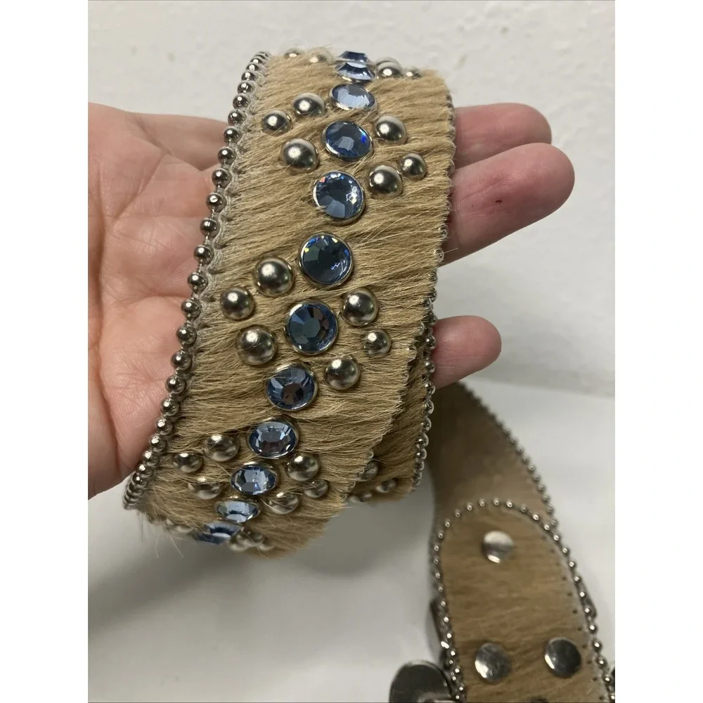 Y2K BB Simon Blue & Beige Cow Hair Size S Womens Western Studded Rhinestone